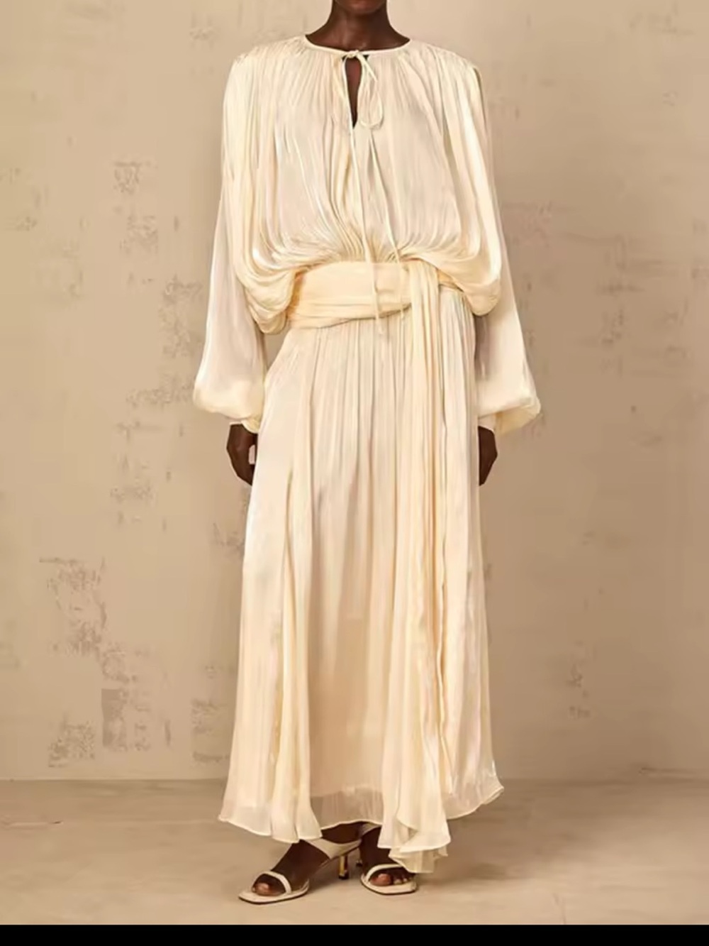 Elegant Cream Pleated Maxi Dress with Waist Sash